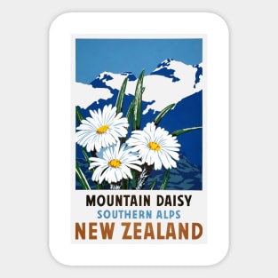 Vintage Travel Poster New Zealand Mountain Daisy Southern Alps Sticker